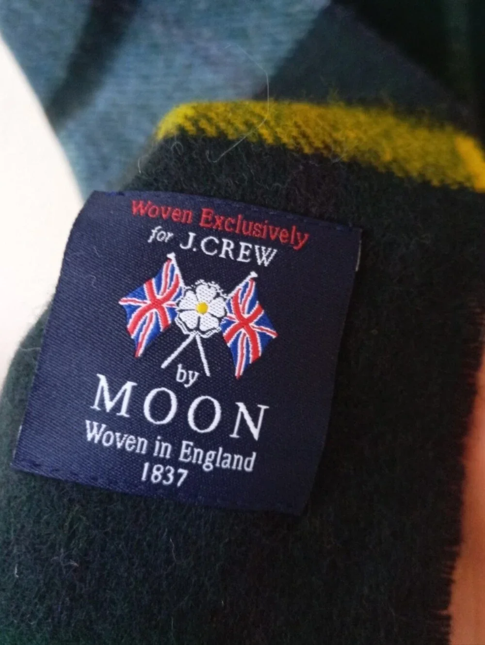 MOON for J. Crew wool plaid scarf in deep green and navy with yellow stripe high